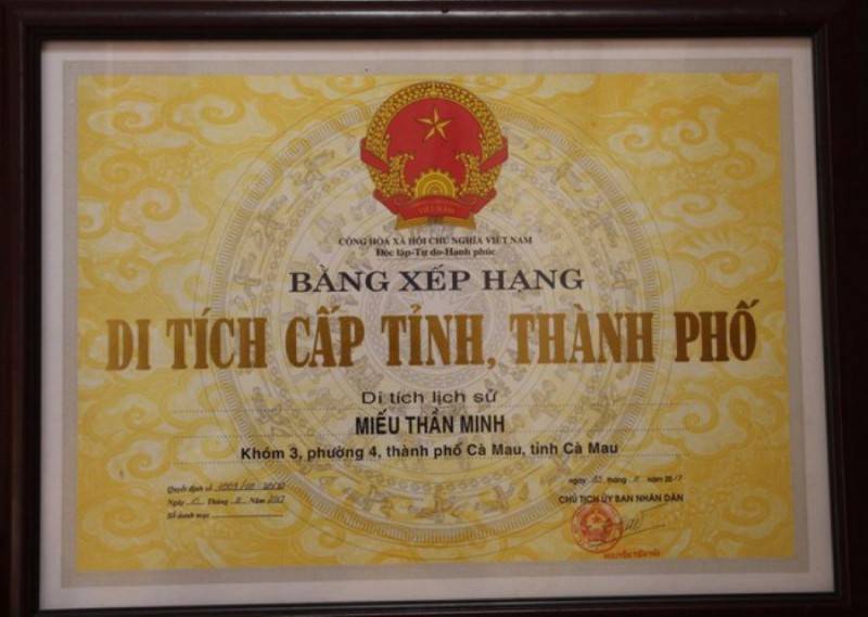 Miếu Thần Minh vinh hạnh trở thành Di tích lịch sử của Cà Mau